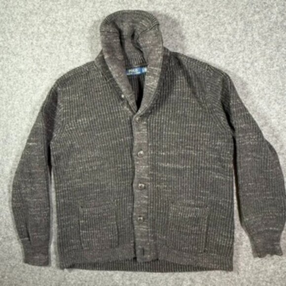 Polo Ralph Lauren Men Fisherman Knit Shawl Cardigan Sweaater Charcoal Grey Large - Picture 1 of 11